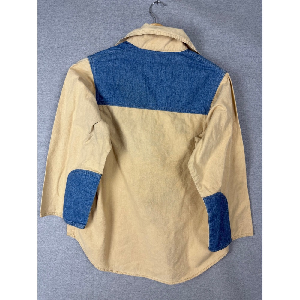 Vintage 70s Levis Womens Pullover Shirt Tan Denim Two Tone Elbow Patch - Picture 2 of 7